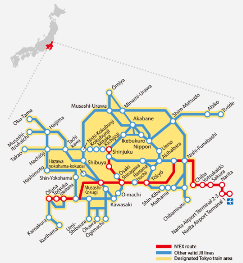 Map of Narita Express stops.