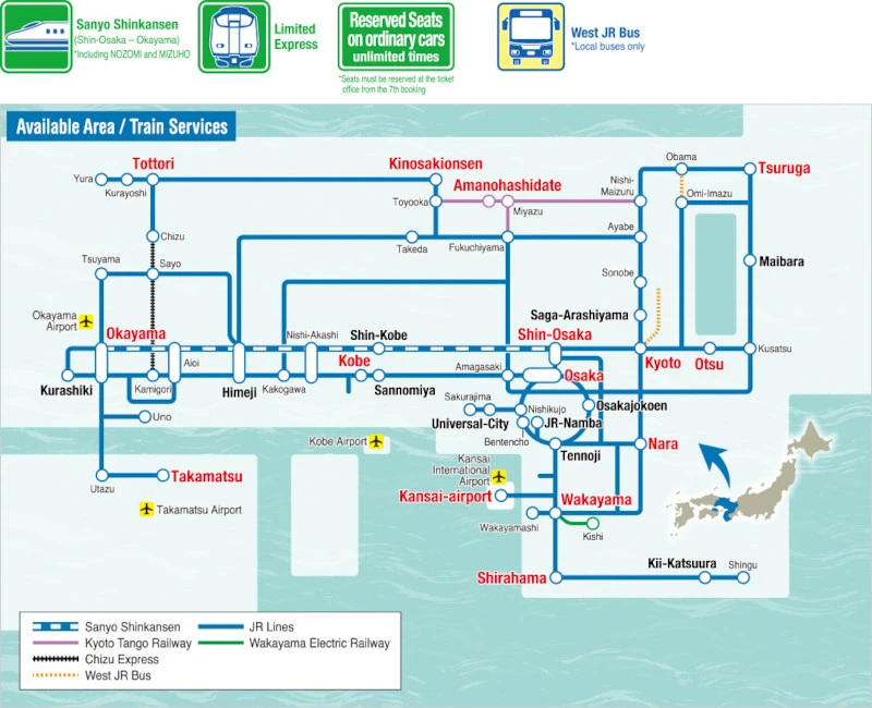 Kansai WIDE Area Pass coverage map