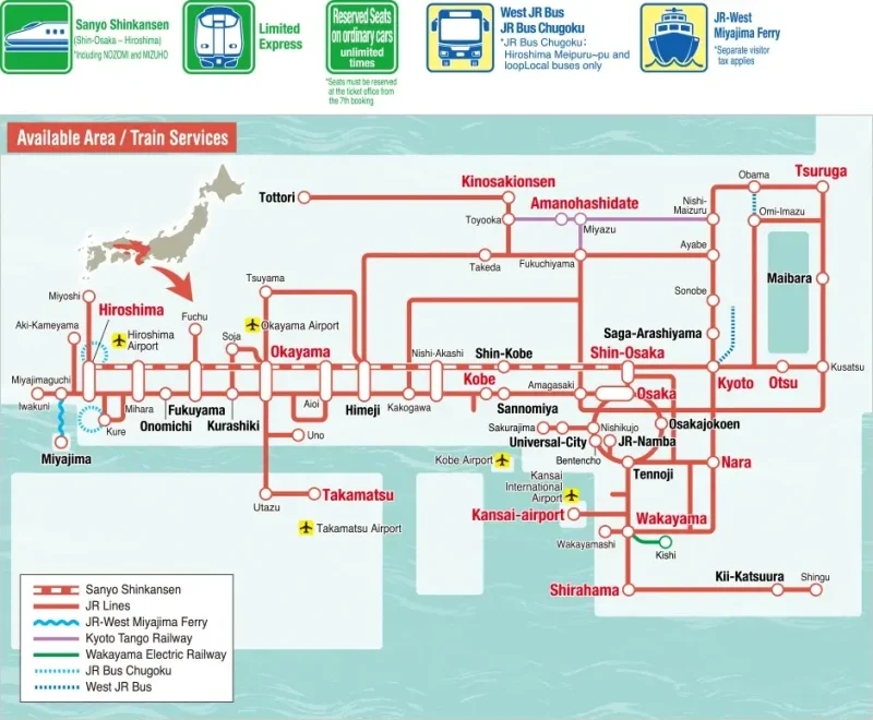 Kansai-Hiroshima Area Pass coverage map